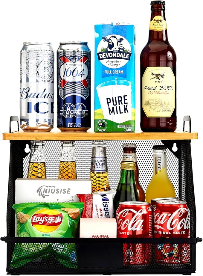 1 SET Large fruit basket for kitchen counter-stackable basket with Bamboo Tops & Tag,hanging wall baske,for Cabinet Shelf Countertop pantry storaget, onion potato Vegs Bread Food Organizing Bin,BLACK