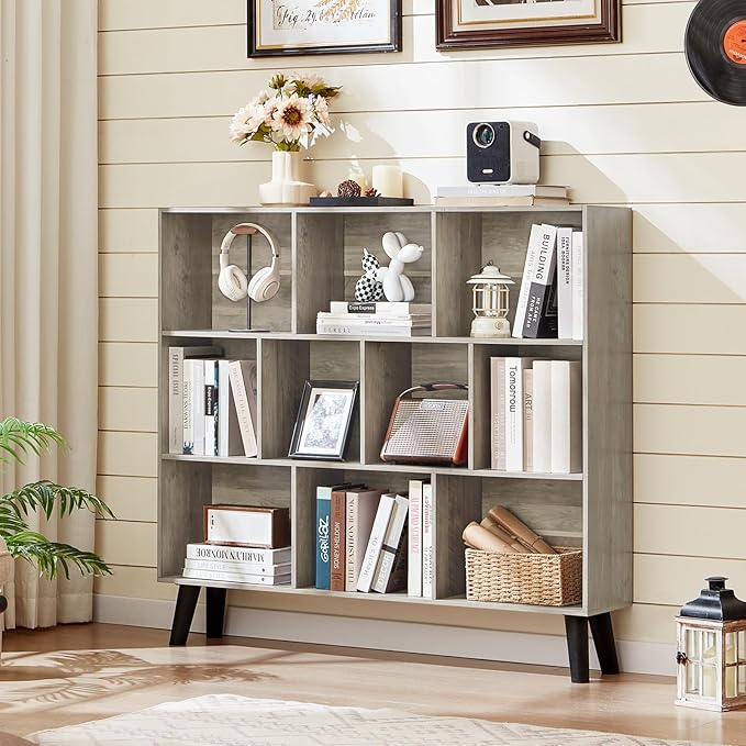LEYAOYAO 10 Cube Bookshelf,3 Tier Modern Wide Bookcase with Legs,Mid-Century Wood Bookshelves Storage,Retro Grey Large Book Case,Freestanding Organizer Display Shelf for Bedroom,Living Room,Office