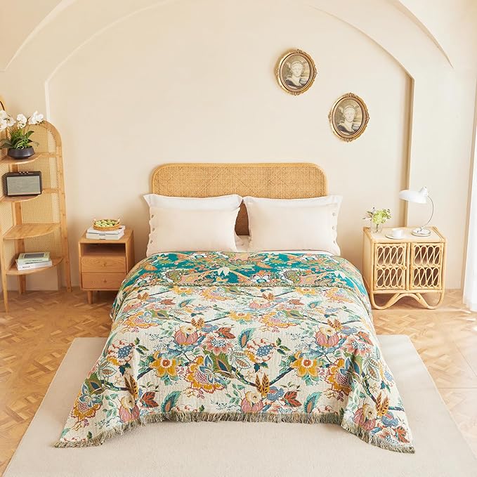 MSGKV Boho Throw Blanket for Bed Twin Size Cotton Muslin Breathable Vine Blanket 60"x80" Sofa Couch Blankets for All Seasons Lightweight Farmhouse Blankets Boho Home Decor