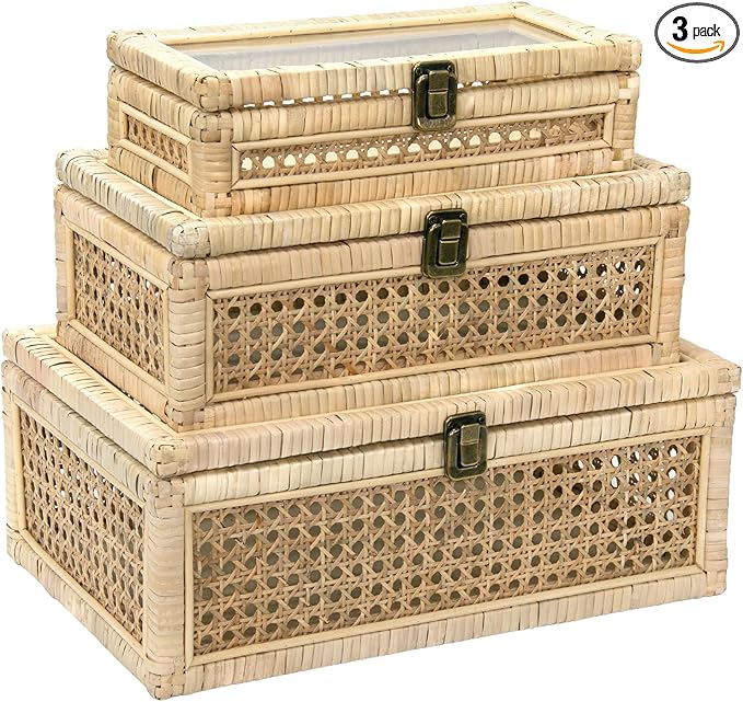 Rattan Decorative Boxes with Glass Lids, Set of 3 Sizes Boho Natural Hand-woven Cane Home Decor Organizers Storage Bins, Display Boxes Natural Finish