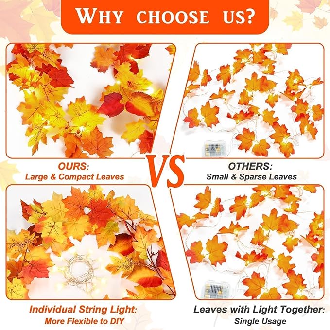 4 Pack Fall Decor Garland - Fall Thanksgiving Decorations for Home - 23.6Ft Maple Leaves Garland with Lights Battery Operated for Mantle Fireplace Table Indoor Outdoor Autumn Halloween Christmas Decor