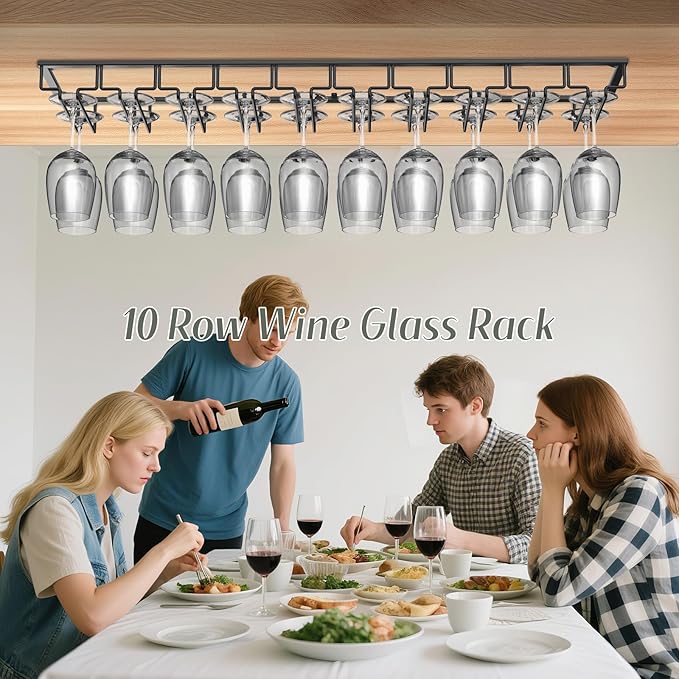 Xverycan Wine Glass Rack Under Cabinet, 10 Row Extreme Large Stemware Hanger, Metal Wine Goblet Holder, DIY Bar Glass Storage Rack for Bar Counter, Kitchen, Screws Included