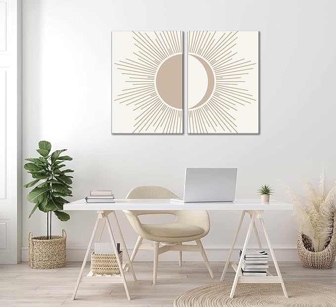 2Pcs Minimalism Boho Canvas Wall art Mid Century Modern Beige and White Sun and Moon Geometric Abstract Painting Pictures Wall Decor Posters Print Artwork for Bedroom Living Room Decoration
