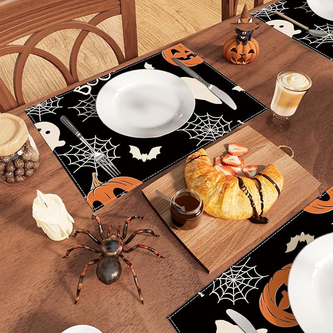 XCHI Boo Spooky Ghost Pumpkin Halloween Placemats Set of 4 Table Mats Table Decorations 12x18 Inch