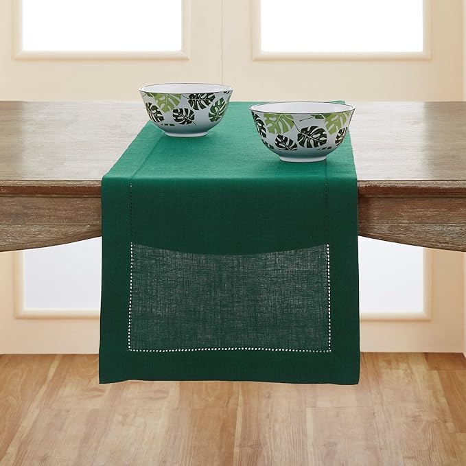 Solino Home Linen Rainforest Green Table Runner 72 Inches Long - 100% Pure Linen Hemstitch Table Runner 14 x 72 Inch for Dresser, Dining, Fall, Autumn, Thanksgiving - Classic Hemstitch