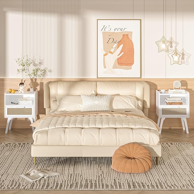 Lerliuo Rattan Nightstands Set of 2, Bedside Table with Drawer Open Shelf, Cane Accent Side End Table with Solid Wood Legs, White Mid Century Night Stand for Bedroom, Dorm and Small Spaces