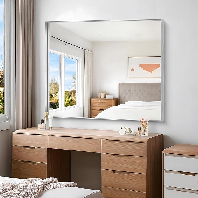 Silver Bathroom Mirror, 40x48 Inch Rectangular Framed Mirror, Large Wall Mounted Bathroom Vanity Mirror Over Sink for Bedroom,Restroom, Living Room, Hangs Vertically or Horizontally