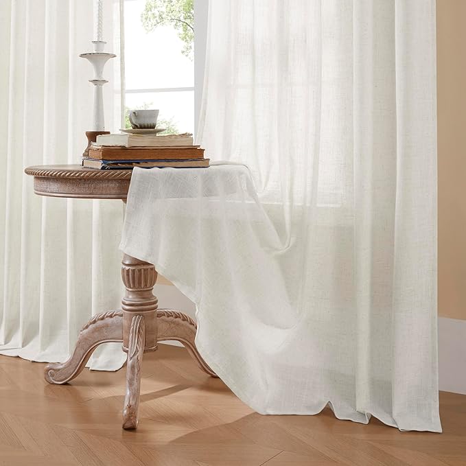 Joydeco Light Filtering Curtains 108 Inch Length for Bedroom, Linen Curtains 108 Inch Length 2 Panels Set for Living Room,White Semi Sheer Curtains 108 Inches Long with Rod Pockets