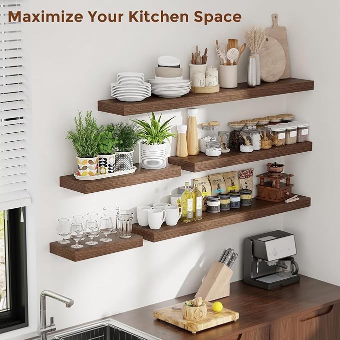 Heimlove 48 Inch Floating Shelves for Wall 8 Inch Deep Walnut Shelves Set of 2,Wall Mounted Rustic Wood Long Floating Shelf,Large Display & Storage Shelf with Invisible Brackets