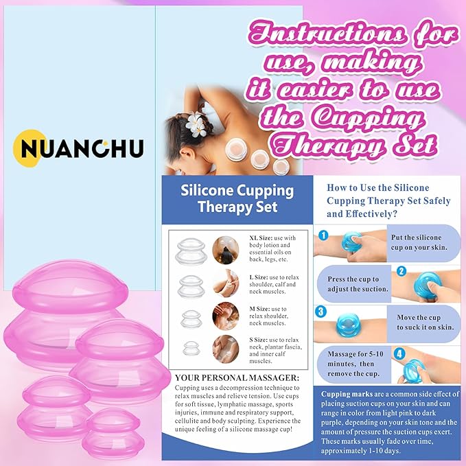 Nuanchu 8 Pcs 4 Sizes Cupping Therapy Set with Satin Bag Silicone Massage Cups Professional Cupping Therapy Vacuum Cup for Cellulite Joint Pain Muscle Pain(Clear Hot Pink)