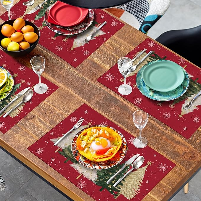 Red Christmas Tree Placemats Set of 4, 12x18 Inch Xmas Trees Snowflakes Winter Holiday Place Mats Seasonal Washable Linen Table Mat for Indoor Outdoor Kitchen Dining Party Decor
