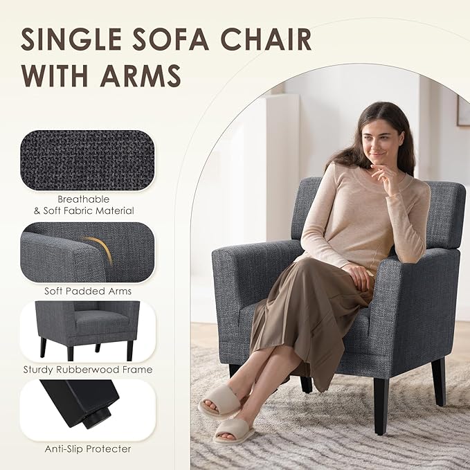 COLAMY Accent Chair Set of 2 for Living Room, Modern Upholstered Fabric Accent Armchair with Back, Soft Single Sofa Chair with Arms for Bedroom/Office/Reception Room, Dark Grey