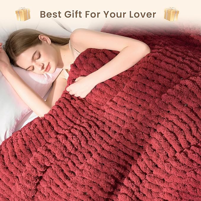 L'AGRATY Chunky Knit Blanket Throw: 50''x60'' Chenille Chunky Knitted Throw Blankets for Bed Couch - Handmade Thick Cable Knit Blanket - Large Crochet Rope Blankets for Home Decor(Maroon Red)