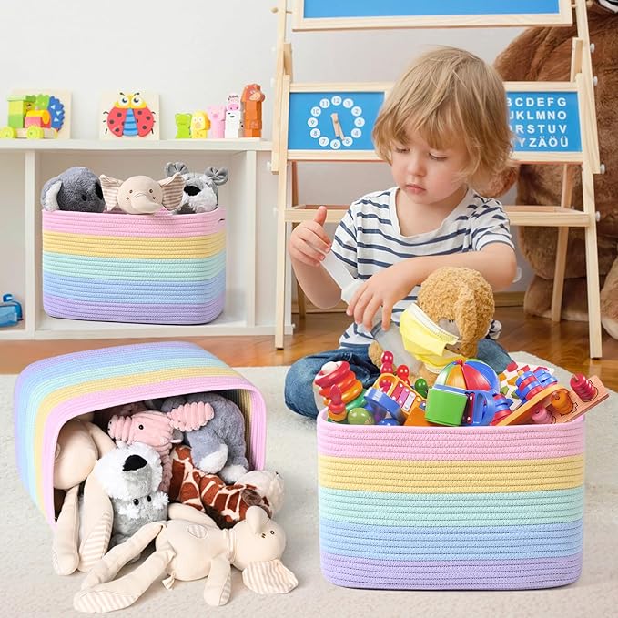 Shelf Baskets for Organizing, Woven Storage Basket for Shelves,Cotton Rope Storage Bins for Toys Books, Nursery Towel Baskets for Classroom, 14.96"X9.8"X8.85", 3-Pack Pastel Rainbow