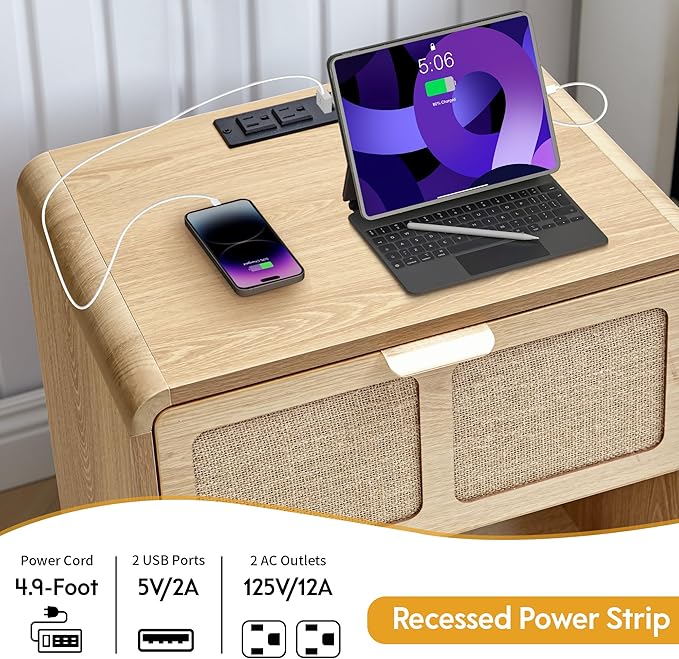 LEVNARY Nightstand with Charging Station, Mid-Century Modern Bedside Table with Curved Top Corners and Fabric-Like Textured Drawer, Wooden End Table for Farmhouse Bedroom Living Room (1, Natural)