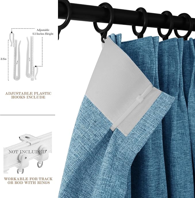 100" W x 96" L Faux Linen Room Divider Curtains, Full Blackout Pinch Pleated Drapes for Traverse Rod, Bedroom Divider Privacy Drapery with Hooks for Ceiling Track, 1 Panel, Blue