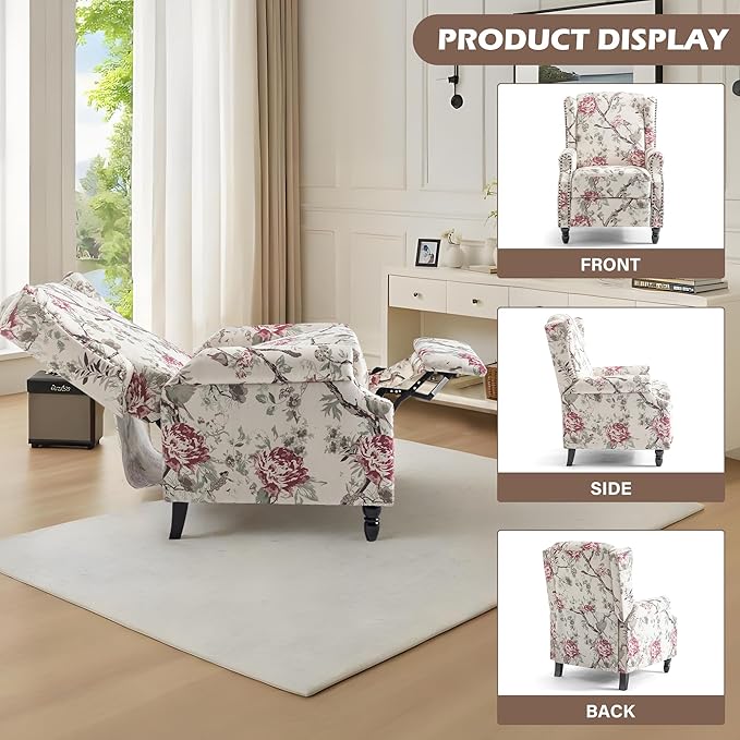 UIXE Pushback Recliner Chair, Fabric Upholstered Armchair Push Back Accent Chair for Living Room, Rivet Trim Home Theater Single Sofa Bedroom Reading Seat with Footrest - Beige Floral