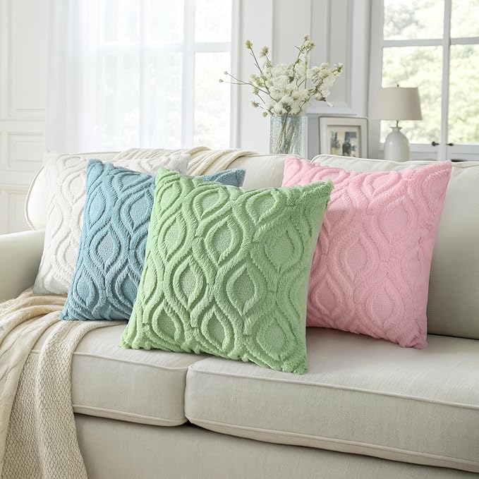 decorUhome Throw Pillow Covers 22x22 Inch Set of 2, Soft Plush Decorative Faux Fur Sage Green Solid Couch Pillow Covers, Accent Farmhouse Neutral Square Euro Pillow Cases for Sofa Bed Living Room