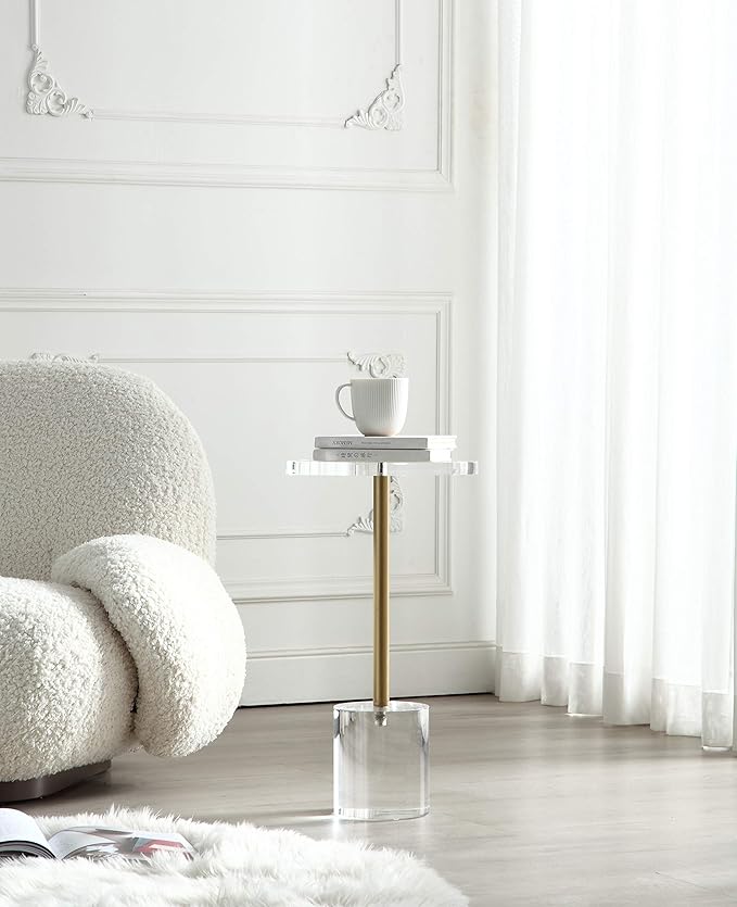 Clear Acrylic End Table,Side Table,Brushed Brass Metal,Round,for Office, Living Room and Bedroom,Easy Assembly,12x12 inch,21.3 inch high