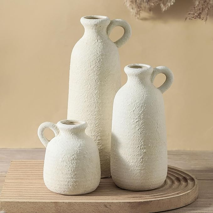 Ceramic Vase Set of 3 with Handle, Neutral Rustic Vases Home Decor Farmhouse Decorative Vase Whitewashed Pottery Decor Modern for Table Mantel Entryway Bookshelf Living Room Kitchen Bedroom - White