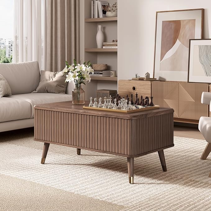 Lift Top Coffee Table with Storage,Mid Century Modern Coffee Table,Fluted Wood Rectangle Center Table for Living Room,Home Office,Walnut