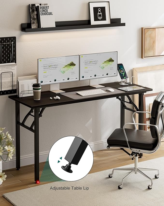 Frylr Small Folding Computer Desk β 55.1 Inch Portable Table for Craft and Study, Lightweight Desk for Small Spaces, Foldable Laptop Table Built-in AC/USB Outlets for Convenience, Charcoal Wenge