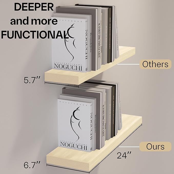 BGMG Wood Floating Shelves 24 inch, Wide Rustic Wooden Wall Shelves for Bathroom Living Room Bedroom Kitchen Farmhouse Set of 2-24x 6.7 x1.25 inch- DIY-Unfinished
