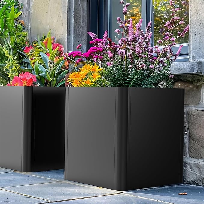 Metal Square Planter Box, Galvanized Steel Planters for Outdoor Plants, 20"x 20"x 21" Black Large Outdoor Planters with Drainage Hole for Porch/Patio/Garden