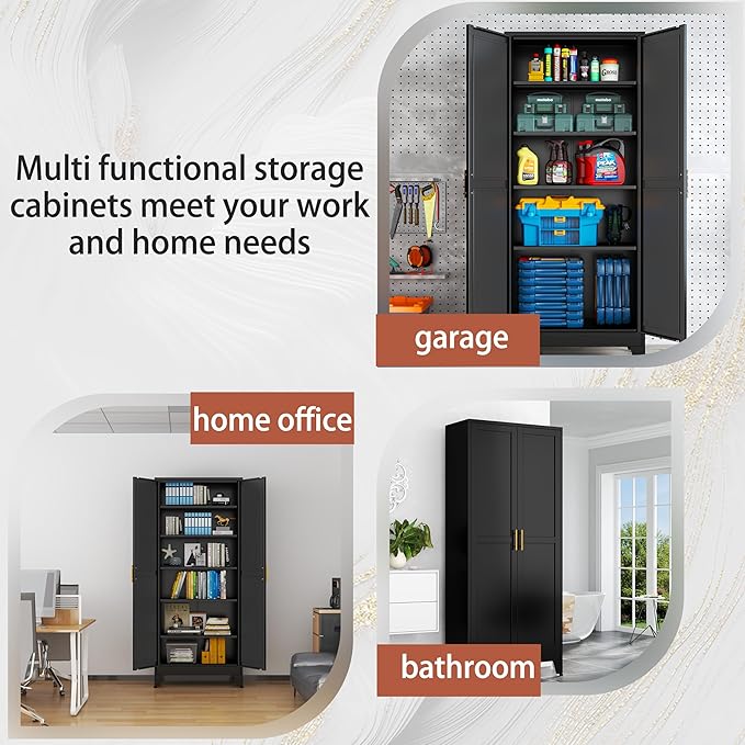 Kitchen Pantry Storage Cabinet with Doors and Adjustable Shelves, Metal ClosetMaid Food Pantry Cabinets, 75" Tall Freestanding Cupboard for Kitchen, Laundry or Utility Room, Black