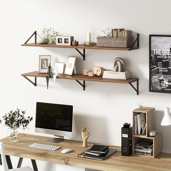 Floating Shelves 48 Inch Long, 10" Deep Floating Shelves, Walnut Wall Shelves 48 x 10, Set of 2, Wide Large Display Storage Shelves for Bathroom, Living Room, Rustic Wood Shelves with Brackets