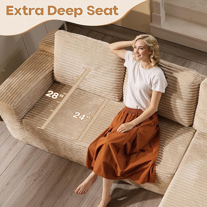 Cloud Sectional Couches for Living Room,U Shaped Modular Sofas No Assembly,165x107 Inches Plush Corduroy Oversized Floor Couch Set with Deep Seat Chaise,Beige