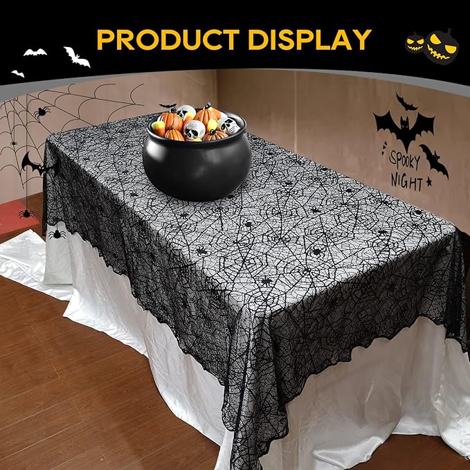 eZAKKA Halloween Table Cloth, Spider Webs Tablecloths Black Tablecloth Lace Fabric Table Cloths Spooky Cover for Rectangle Tables for Parties Gothic Halloween Home Decorations, 60x84 Inch