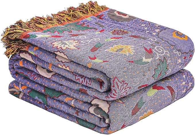 Boho Fall Throw Blanket for Bed Purple Flowers,100% Ultra Cotton Soft Breathable Bed Throw Floral Printed Farmhouse Decor Rustic Bed Throws for Couch Sofa Quilt 80" x 90"