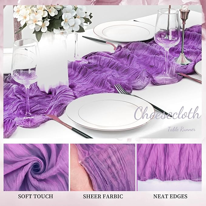 6 Pack Purple Cheesecloth Table Runner 10FT Boho Fabric Rustic Cheese Cloth Table Runner for Wedding Bridal Shower Baby Shower Gauze Sheer Birthday Party Table Decorations 20 x 120 Inch Long