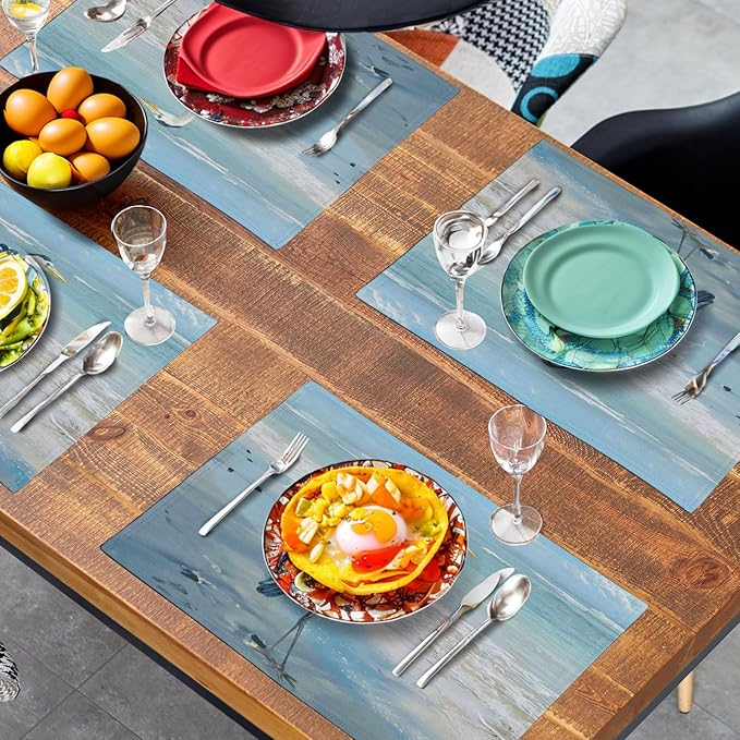 Blue Heron Placemats Set of 4 Summer Coastal Beach Pelican Placement Mats for Dining Table Nautical Ocean Bird Pattern Washable Non-Slip Heat-Resistant Linen Place Mats