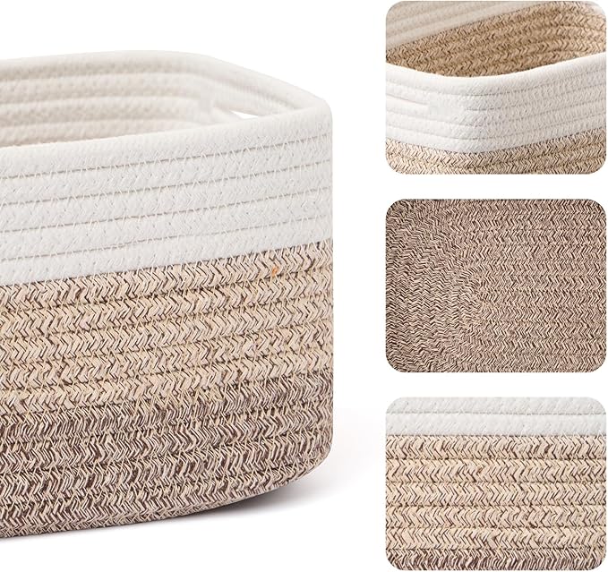Small Storage Baskets for Organizing | Closet Organizer Bins | Shelf Toy Basket | Woven Rope Baskets | Cube Decorative Box | Shallow Basket | 13x8.5x5.1” | 4 Packs Gradient Brown