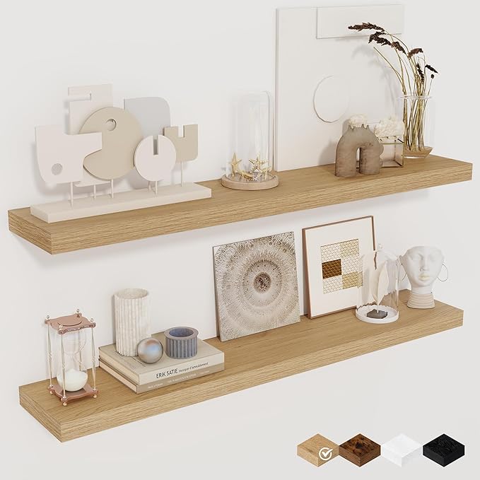 Fun Memories Floating Shelves for Wall, 36" Rustic Wood Deep Wall Mounted Shelves with Invisible Brackets for Decor & Storage, Floating Shelf for Living Room, Bathroom (Oak, Set of 2)