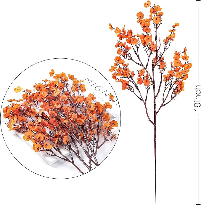 Sggvecsy 15 Pcs Babys Breath Artificial Flowers Gypsophila Bouquets Bulk Real Touch Fake Silk Flowers for Home DIY Floral Arrangement Table Centerpiece Fall Autumn Decoration (Fall Orange)