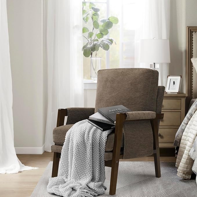 Modern Accent Chairs Set of 2 for Living Room Mid Century Arm Chairs Upholstered Bedroom Chairs Comfy Lounge Chairs with Solid Wood Frame, Dark Brown