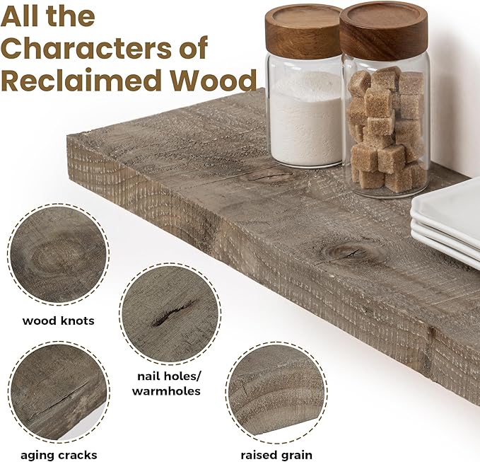 Solid Reclaimed Wood Floating Shelf 48inches Width and 8 inches Depth, Rustic Reclaimed Barnwood Wall Hanging Shelves with Invisible Heavy-Duty Metal Bracket,Cement Grey