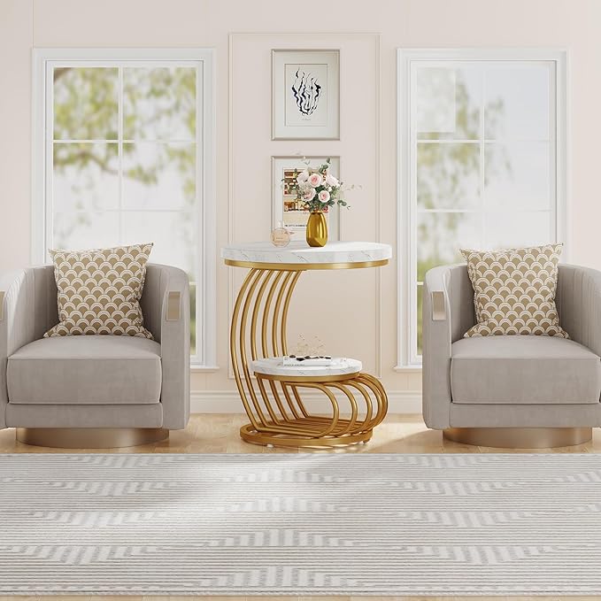 Tribesigns Gold Round End Table: 2 Tiers Faux Marble Side Table with Storage Shelf, Modern White Gold Bedside Nightstand, Metal Arc-Shaped Frame Accent Table for Living Room, Bedroom