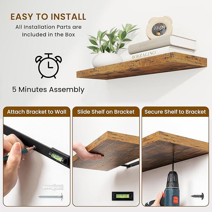 Fun Memories 55 Inch Fireplace Mantel Shelf -Long Floating Shelves, Deep Wall Mounted Farmhouse Display Shelves with Invisible Heavy Duty Metal Bracket, Brown, 2 Pack