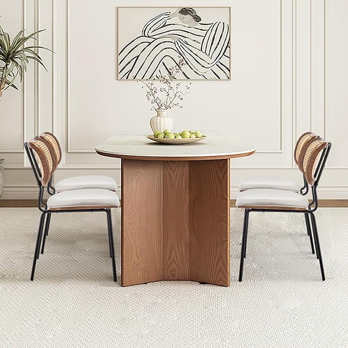 Rattan Dining Chairs Set of 2, Mid Century Modern Dining Chairs with Cane Back for Kitchen Dining Room, 19 Inch Fabric Beige