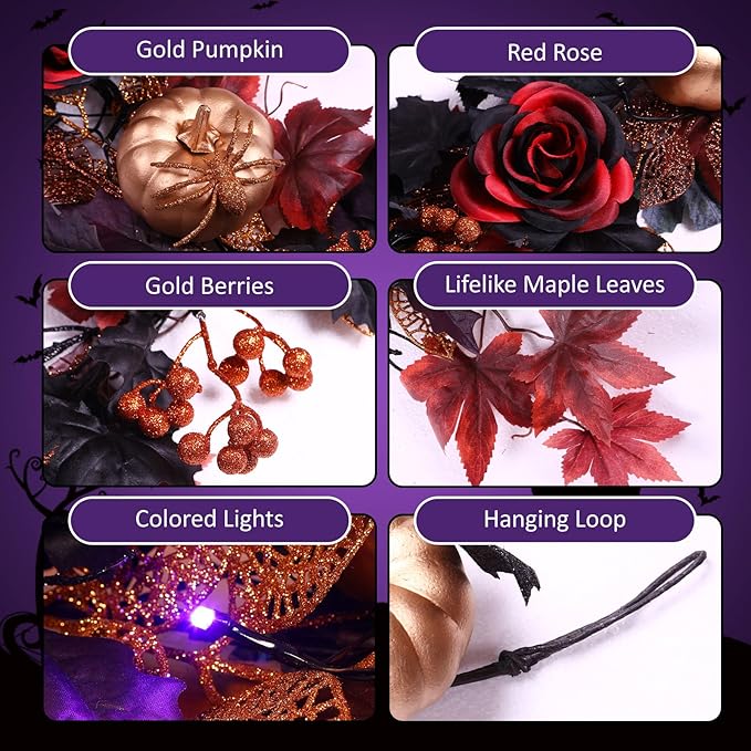 SHareconn 2 Pcs 6FT Halloween Garland with Purple Lights Battery Operated and Timer, Pre-Lit Black Red Maple Leaves Lighted Garland Decorations for Fireplace Mantle Centerpiece Indoor Outdoor Decor