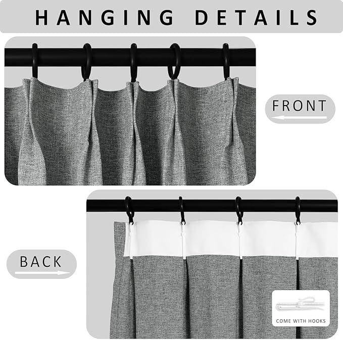 Macochico Extra Wide 100% Blackout Linen Curtains for Sliding Door Pleated Curtains with Hooks Insulated Soft Linen Drapes for Bedroom Living Room with Tieback Mid Grey 100”Wx84”L 1 Panel