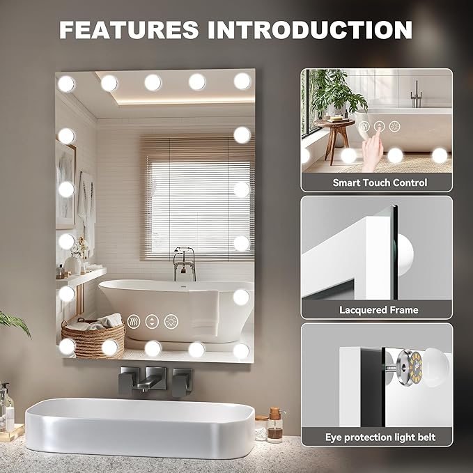 Hasipu LED Bathroom Mirror with Lights, 71" x 32" Hollywood Wall-Mounted Bathroom Mirror with 28 Dimmable Bulbs, 3 Colors Modes, Touch Control, Anti-Fog, Memory Function, Shatter-Proof, ETL Listed