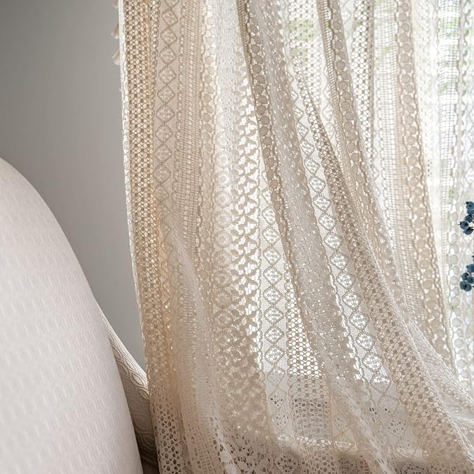 Sutuo Home Boho Curtains Crochet Lace Semi-Sheer Bohemian Hollow Knitted Handmade Tassels, Rod Pocket Window Treatment Vintage Rustic Farmhouse Drapes for Living Bedroom, 1 Panel 59" W x 63" L, Beige