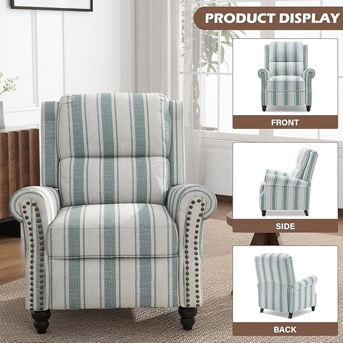 UIXE Pushback Recliner Chair, Fabric Armchair Push Back Accent Chair for Living Room, Rivet Trim Club Arm Chair Overstuffed Home Theater Single Sofa Bedroom Reading Seat with Footrest - Stripe Blue