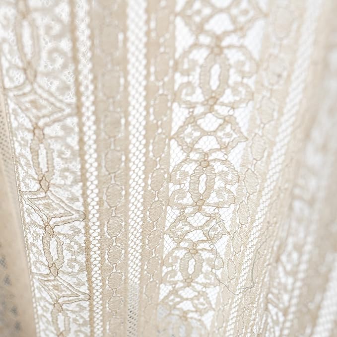 Sutuo Home Boho Curtain Crochet Lace Semi-Sheer Florals Hollow Knitted Handmade Tassels, Rod Pocket Window Treatment Vintage Rustic Farmhouse Drapes for Living Bedroom, 1 Panel 59" W x 84" L, Beige
