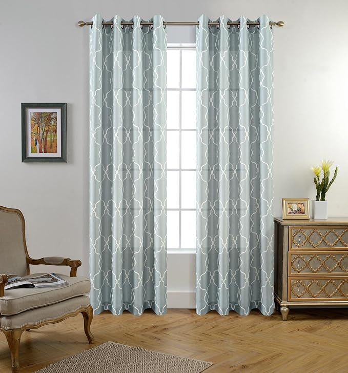 MIUCO Moroccan Embroidery Semi Sheer Curtains Faux Linen Grommet Curtains for Living Room 52 x 84 Inch 2 Panels Set, Sea Foam